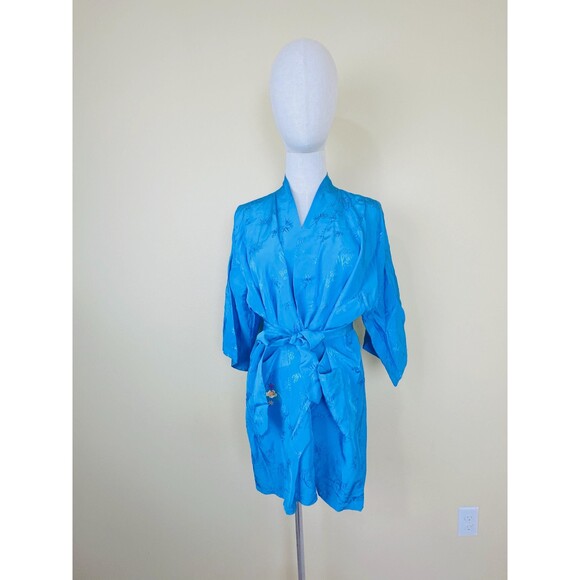 1970s Vintage Health China Rayon Mini Robe / 70s Phoenix Floral Embroidered - Picture 2 of 7